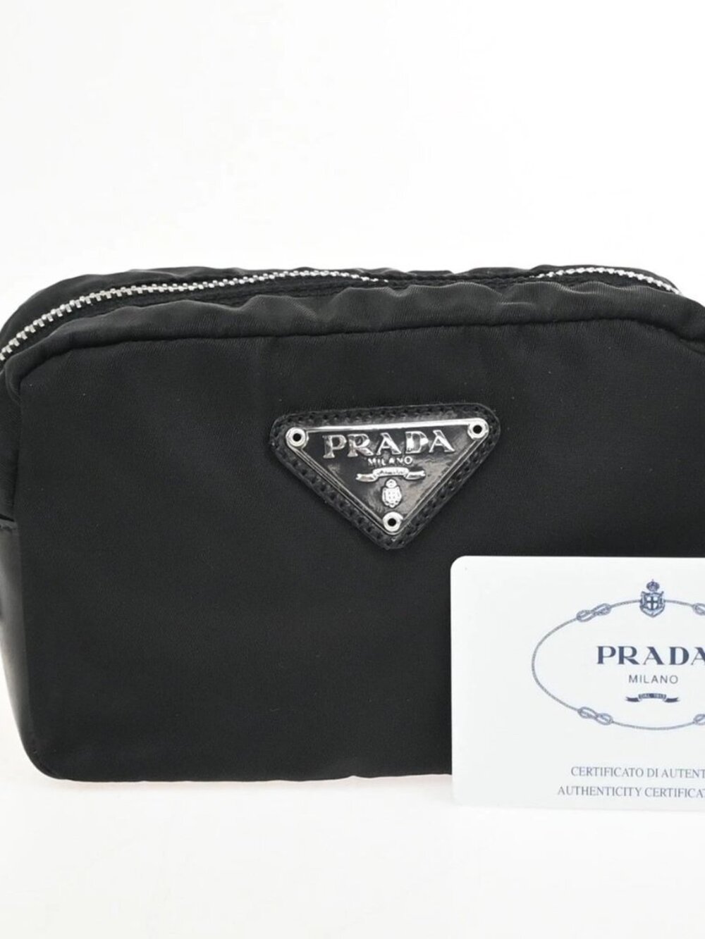 PRADA Logo Tessuto Mini Cosmetic Pouch Nylon Leather Black SHW Italy 65RP205